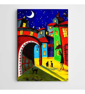 Kediler Sokak ve Ay Modern Sanat Kanvas Tablo