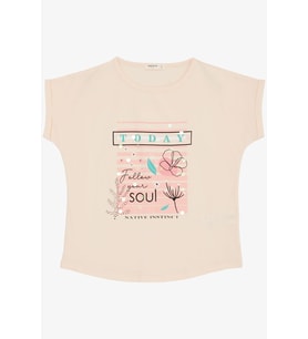 Breeze Kız Çocuk Tişört Çiçek & Yazı Baskılı Pullu 9-14 Yaş, Pudra