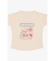 Breeze Kız Çocuk Tişört Çiçek & Yazı Baskılı Pullu 9-14 Yaş, Pudra