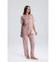 Kadın Düğmeli Floral Desen Kısa Kollu Pijama Takım  Pembe