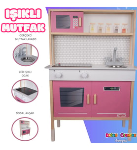 Delüx Işıklı Hamarat Ahşap Mutfak - Ahşap Çocuk Mutfağı - Mutfak Seti - Kapaklı Mutfak - Pembe