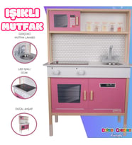 Delüx Işıklı Hamarat Ahşap Mutfak - Ahşap Çocuk Mutfağı - Mutfak Seti - Kapaklı Mutfak - Pembe