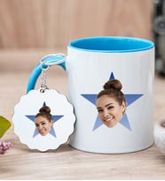 Kişiye Özel Mavi Yıldız Kafa Fotoğraflı Mavi Kupa Bardak ve Anahtarlık