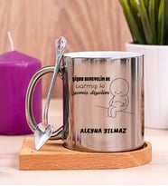 Kişiye Özel Varmış Ki Yemiş Diyelim Esprili Ahşap Altlıklı Silver Kupa Bardak