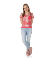 Toontoy Kız Çocuk T-Shirt Komple Varak Baskı Lazer Kesim (Nar Çiçeği)