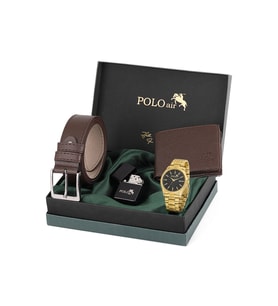 Polo Air Takvimli Erkek Kol Saati Cüzdan Kemer Çakmak Hediyelik Kutusunda Kahverengi Set PL-7040E4