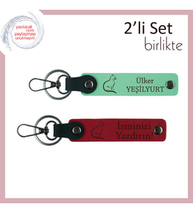 Kediye Aşık Tarza Uygun, Patili Desenli, İsme Özel Yazılı Deri Anahtarlık, Açık Yeşil-Kırmızı