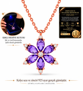 Premium Işıklı Kutuda 925 Ayar Gümüş Gerçek Ametist Taşlı Lotus Kadın Kolye
