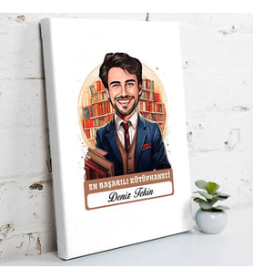 Kişiye Özel Hediye Karikatürlü En İyi Erkek Kütüphaneci Kanvas Tablo