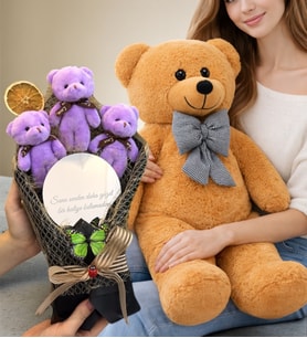 Premium Ayıcık Buketi Seti Büyük Boy Peluş Ayıcık ve Aynalı Mor Ayıcık Buketi