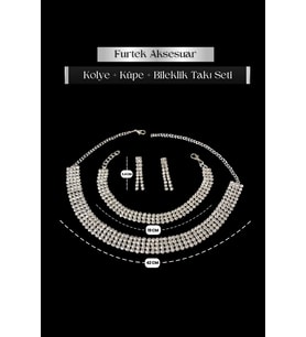 Kadın Fenix Model Kristal Zirkon Taşlı Gümüş Kaplama Kolye + Küpe + Bileklik Abiye Kombin Takı Seti