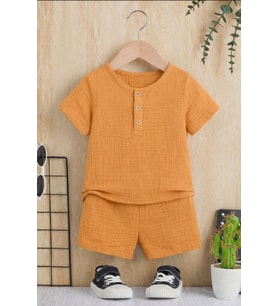 Unisex Bebek Çocuk %100 Pamuklu Düğmeli Müslin 2'li Yazlık Şortlu Takım - Tarçın