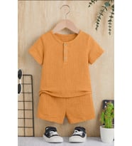 Unisex Bebek Çocuk %100 Pamuklu Düğmeli Müslin 2'li Yazlık Şortlu Takım - Tarçın