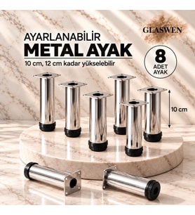 8 Adet Metal Ayarlanabilir 10 cm Krom Destek Ayak Mobilya Kanepe Baza Koltuk Dolap Sehpa TV Ünitesi Ayağı