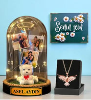 Premium Set - Kişiye Özel Led Işıklı Fanus ve Zümrüdü Anka Kuşu Kolyesi (Model 3)