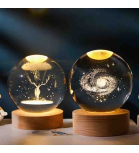 Toz Bulutu ve Ren Geyiği 2'li Set Kristal Cam Kar Küresi – Usb’li Doğal Ahşap Tabanlı 3D LED Dekoratif Lamba, Sürpriz Şık Zarif Top Biblo Konsept Hediyelik Eşya