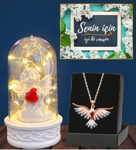 Led Işıklı Biblolu Fanus ve Gerçek Ametist Taşlı Renki Anka Kuşu Kolye (Model 2)