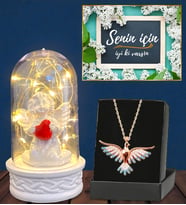 Led Işıklı Biblolu Fanus ve Gerçek Ametist Taşlı Renki Anka Kuşu Kolye (Model 2)
