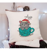 Mutlu Yıllar & Merry Christmas & Yılbaşı & Kedicik Tasarımlı Yastık Kişiye Özel