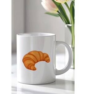 Minimal Kruvasan Tasarımlı 330ml Baskılı Beyaz Seramik Kupa Bardak