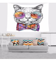 Kedi Desenli Sevimli Gözlüklü Kedi Leke Tutmaz Kadife Doku Kumaş Duvar Örtüsü Duvar Halısı Tapestry (Beyaz)