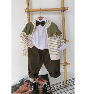 Bear Ayıcık İşleme Detaylı Erkek Çocuk 4 lü Triko Hırkalı Takım - Yeşil