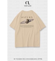 Nevermind Unisex Kadın Erkek Saturn Baskılı Özel Tasarım Oversize T-shirt (Bej)
