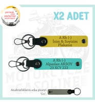 Motor Severlere İsim Plaka ve A Rh (-) Kan Grubu Yazılı Özel Tasarım x2 Anahtarlık, Sarı-Turkuaz-Gr