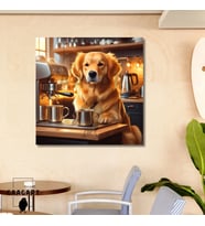 Kare Kanvas Kahve Köşesi Cafe Tablosu Barista Golden Retriever