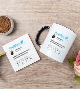 Kişiye Özel Twitter Tasarım Fotoğraflı Siyah Kupa ve Bardak Altlığı