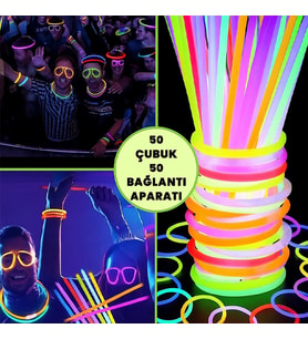 50 Adet Neon Fosforlu Işıklı Çubuk + 50 Bağlantı Aparatı – 12 Saat Parlak Parti ve Konser Aksesuarı (Karışık)