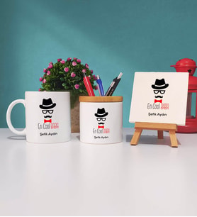 Baba Kupa Bardak Kalemlik ve Dekoratif Taş Baskı Hediye Seti