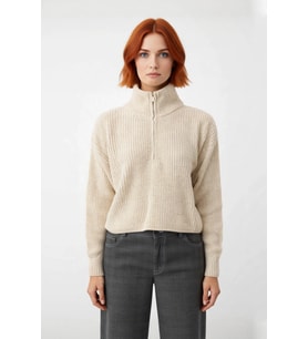 Kadın Basic Oversize Düşük Uzun Kollu Crop Fermuarlı Dik Yaka Triko Kazak Kışlık Rahat Stiller