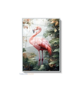 Dikey Çerçeveli Cam Flamingo Pembe Modern Ev Dekoru Duvar Sanatı Ev Ofis Tablosu (Gümüş)