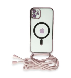 Newface Apple iPhone 11 Kılıf Divo Lazer Askılı Magsafe Kapak - Pembe