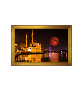Ortaköy Camii ve Gece Motifli Kanvas Tablo 80 x 110 cm Gold Çerçeve