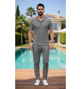 Erkek Trend Yazlık Rahat Kalıp Bürümcük Kumaş Kısa Kollu Tshirt ve Pantolon Takım