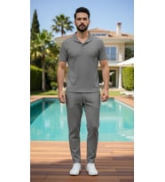 Erkek Trend Yazlık Rahat Kalıp Bürümcük Kumaş Kısa Kollu Tshirt ve Pantolon Takım (Düz Gri)