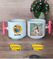Kadın Öğretmene Hediye Kupa Bardak Fotoğraflı T Pembe Kulplu Öğretmenler Günü Hediyesi