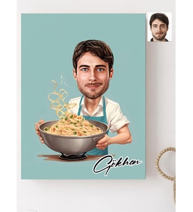 Kişiye Özel Ahçı Makarna Yapan Erkek 2 Karikatür Baskılı Ahşap Tablo 30x40