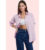 Kadın Çizgili Oversize Gömlek Basic Siluet Uzun Kollu Rahat Günlük Yaz Aylarının Vazgeçilmezi (Pembe)