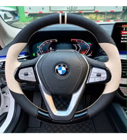 BMW G11 G12 Dikme Direksiyon Kılıfı Delikli Deri Parlak Siyah Bej Detay Çift Yüzük ve Dikiş 2015-2022