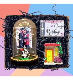 Kişiye Özel Fotoğraflı Pandalı Fanus (Işıklı), Magnet ve Sevgi Bilekliği