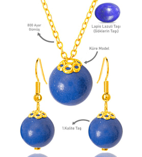 Sertifikalı Gold Küre Model Lapis Lazuli Taşı Kolye ve Küpe Seti - Gümüş Aparatlı (Çok Renkli)