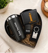 Kişiye Özel Premium Kalp Kutu Termos Kulplu Bardak Metal Erkek Cüzdan Lüx Anahtarlık Çakmak Hediye Set