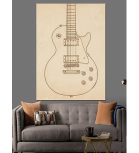 Vintage Gitar Eskiz Çizimi Dekoratif Kanvas - Mdf Ahşap Tablo