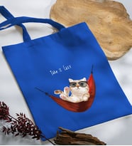 BK Gift Kedi Tasarımlı Mavi Kumaş Bez Çanta, Baskılı Omuz Çantası, Alışveriş Çantası, Arkadaşa Hediye-2