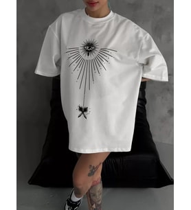 Unisex Bisiklet Yaka Baskılı Oversize T-Shirt - Beyaz