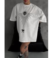 Unisex Bisiklet Yaka Baskılı Oversize T-Shirt - Beyaz