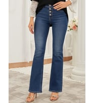 pilelistore- Kadın Yüksek Bel önden Düğmeli Cep Detay Ispanyol Paça Denim Pantolon (Mavi)